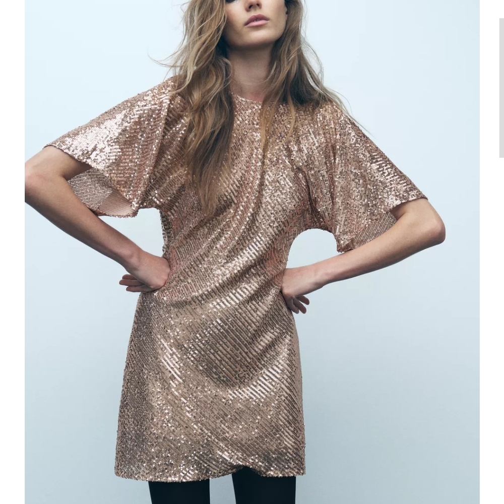 Zara Shimmering Sequin Dress Rose Gold